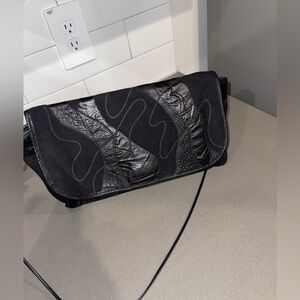 Carlos falchi denim leather patchwork wide large crossbody clutch bag